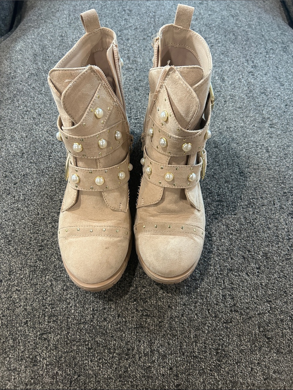 wonder nation Beige Pearl-Embellished Kids Ankle Boots
